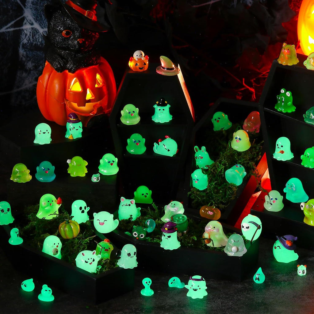 58 Pcs Halloween Luminous Mini Figures Glow in Dark Tiny Resin Figures Set Fairy House Diorama Accessories Halloween Pumpkin Ghost Skull Ornament for Garden Dollhouse Craft DIY (Wizard)