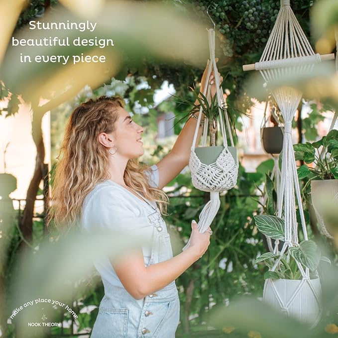 Nook Theory 4-Pack Macrame Plant Hanger - with 8 Ceiling Hooks - Hanging Planter Indoor Outdoor - Hanging Plant Holder - Decorative Bohemian Plant Hangers - Hanging Plants (Light Gray)