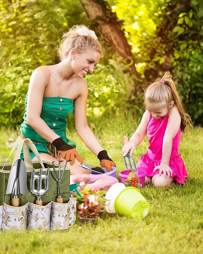 9-Piece Premium Gardening Tool Set for Women - Heavy Duty Stainless Steel Rust-Proof Tools with Fashion Storage Tote | Perfect Gardening Gifts for Mom, Mother's Day, Birthday & Outdoor (Green)