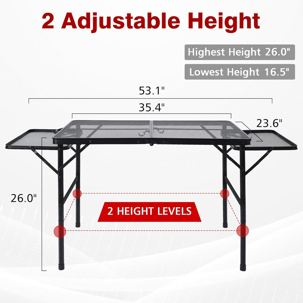 Folding Grill Table, 3x2 FT Portable Camping Table with 2 Wing Panels, Height Adjustable Metal Tables with Mesh Desktop and Mesh Bag, Outdoor Furniture for Camping, Picnic, Beach and BBQ, Black