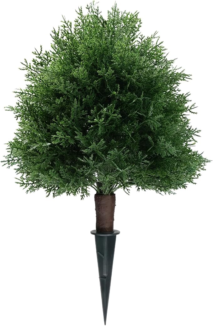 Artificial Cedar Topiary Ball Trees with Ground Spike, 20" UV Resistant Artificial Shrubs, Fake Evergreen Artificial Plant Brush for Indoor Outdoor Front Porch Garden, 1 Pack