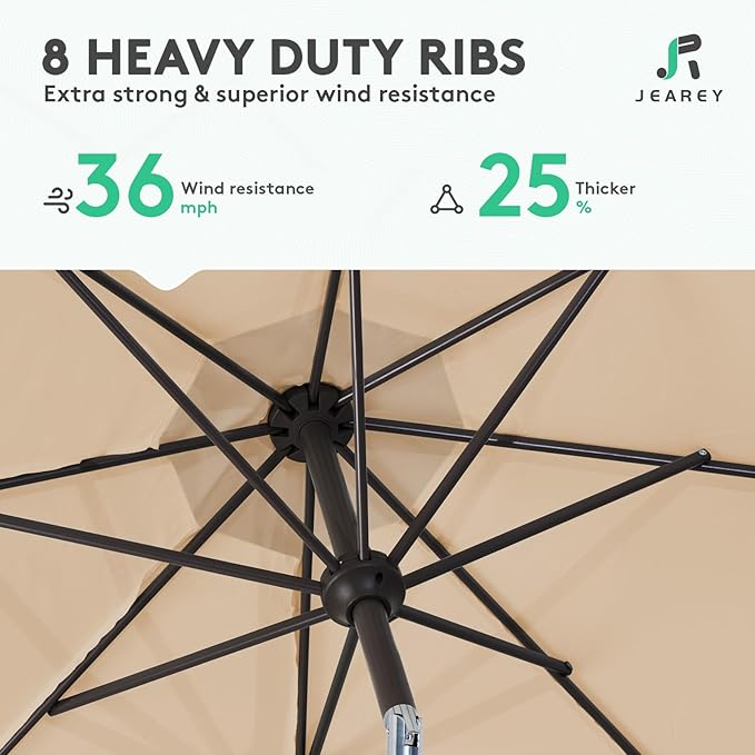 JEAREY 10FT Outdoor Patio Umbrella Outdoor Table Umbrella with Push Button Tilt and Crank, Market Umbrella 8 Sturdy Ribs UV Protection Waterproof for Pool, Garden (Beige)