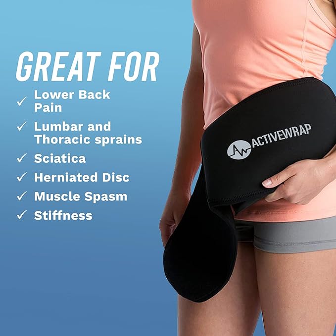 ActiveWrap Back Heat Ice Wrap with Reusable Gel Pack and Support. for Sciatica, Lumbar Strains, Stiffness & Low Back Pain Relief. Portable Heat Compress for Spine Recovery. Hot and Cold Therapy