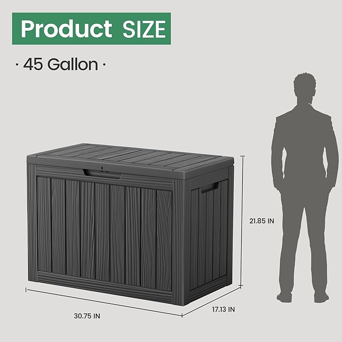 45 Outdoor Storage Box, Waterproof Resin Deck Box with Side Handles, Lockable Outdoor Bench for Indoor & Outdoor Use, Storage Bin for Patio Cushions, Garden Tools, Package Delivery, Black