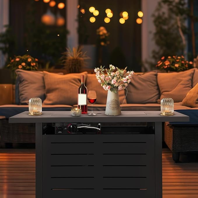Hykolity 42 Inch Gas Fire Pit Table, 60,000 BTU Propane Pits for Outside with Steel Lid and Waterproof Cover, 2 in 1 Firepit Table Gatherings Parties on Patio Deck Garden Backyard, Black