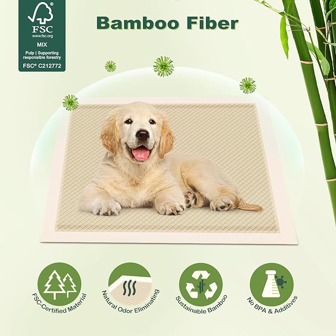 MIZOK Puppy Pads Small 22x22 Pee Pads for Dogs Bamboo Odor Eliminating & 6-Layer Absorbent Leak-Proof Dog Pee Pads Potty Training with Adhesive Tabs, Disposable (100 Counts)