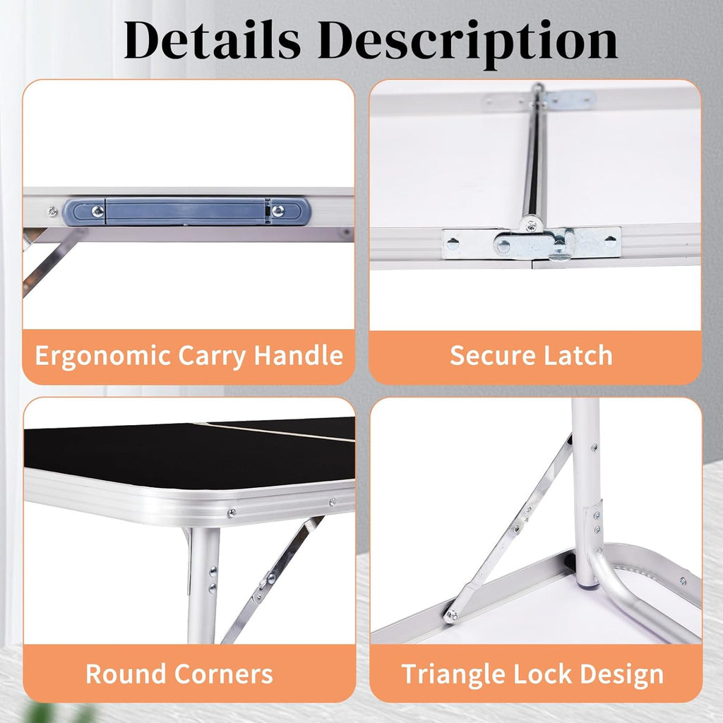 Outvita 4ft Portable Folding Camping Table, Outdoor Waterproof Adjustable Height Table, Aluminum Lightweight Suitcase Foldable Table for Picnic BBQ Beach Dining