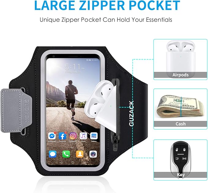 GUZACK Running Phone Holder with Zipper Pouch, Running Armband for iPhone 16/15/14/13/12/11 Pro Max/Plus, Galaxy S25/S24/S23/S22, Cell Phone Arm Holder with Card Slot - Size L (Bigger Arm 14-17 in)