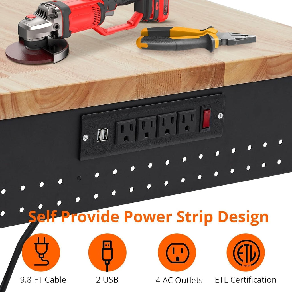 60'' Adjustable Workbench on Wheels, 2000LBS Heavy Duty Worktable with Power Outlets, Rubberwood Workstation for Workshop, Garage, Office, Home