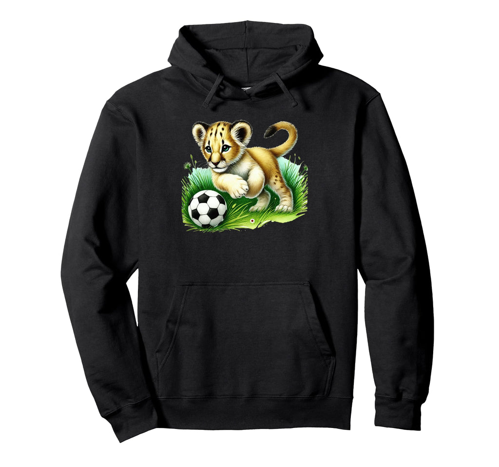 Adorable Lion Cub Kicking Soccer Ball Hoodie - Minimalist Print Unisex