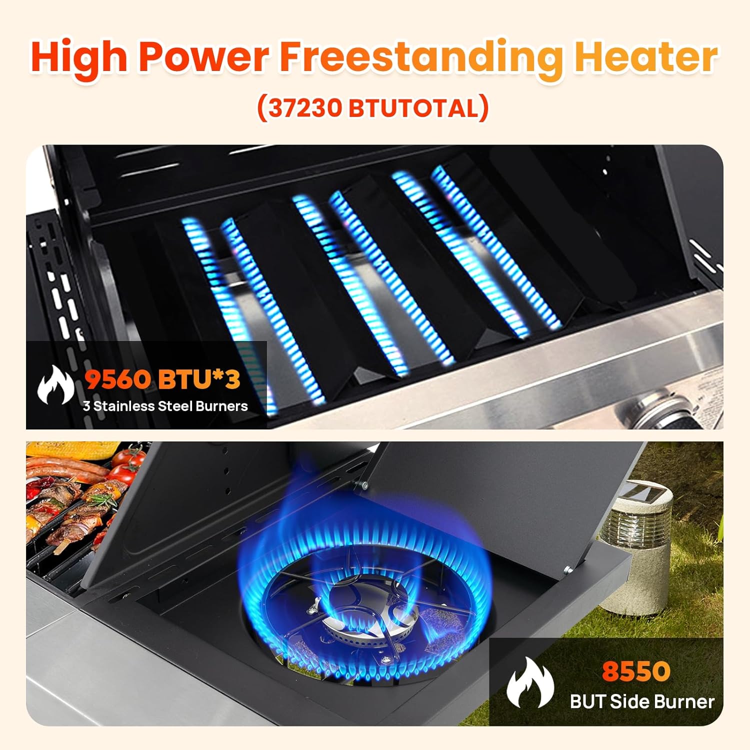 3-Burner Propane Gas BBQ Grill with Side Burner, Porcelain-Enameled Cast Iron Grates, Foldable Side Table, 37,230 BTU Stainless Steel Grill for Outdoor Camping Barbecue Grilling Backyard Cooking