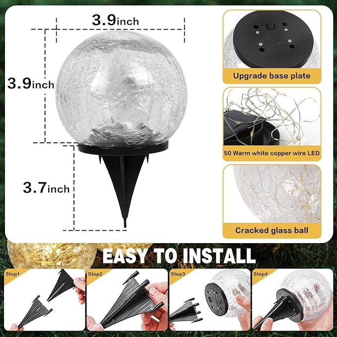 Solar Garden Lights Outdoor Waterproof, 6 Pack LEDs Cracked Glass Ball Light, Ground Landscape Garden Decor, Solar Globe Decorative for Pathway/Patio/Lawn/Yard (Warm White, 3.9")