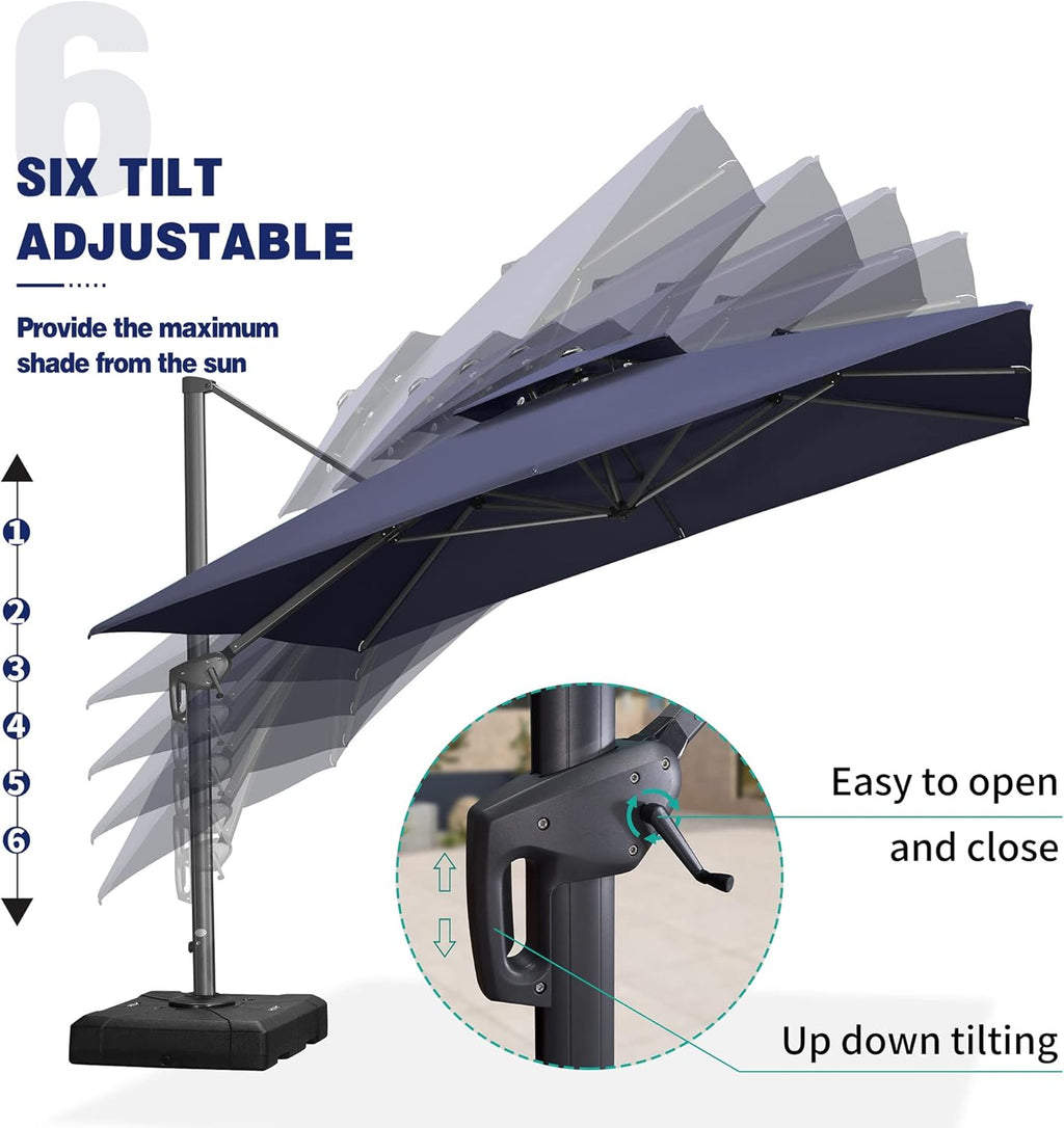 PURPLE LEAF 11FT Cantilever Outdoor Umbrellas Large Patio Umbrella Hanging Double Top Square Offset Umbrella with 360°Rotation Tilting Umbrella Outdoor Patio, Navy Blue