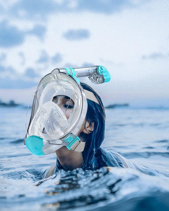 QingSong Full Face Snorkel Mask for Adults, Snorkeling Gear with Camera Mount, 180 Degree Panoramic View Snorkel Set Anti-Fog Anti-Leak