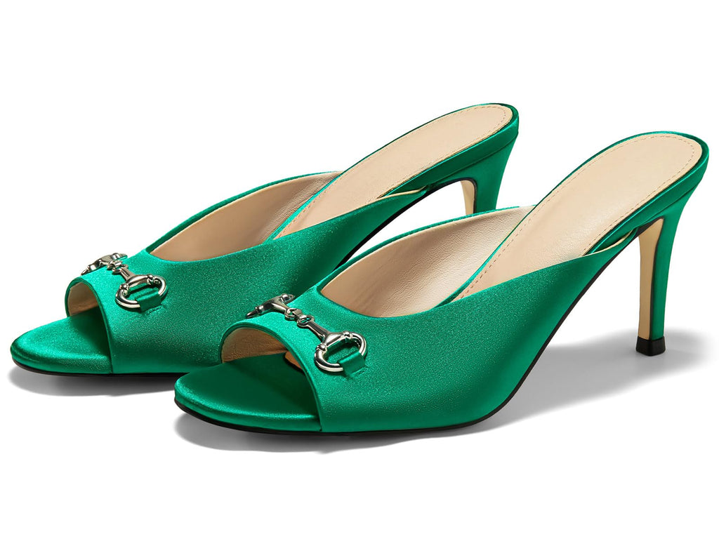 Coutgo Womens Slide Sandals Peep Toe Heeled Mules Metal Chain Green Size 8.5