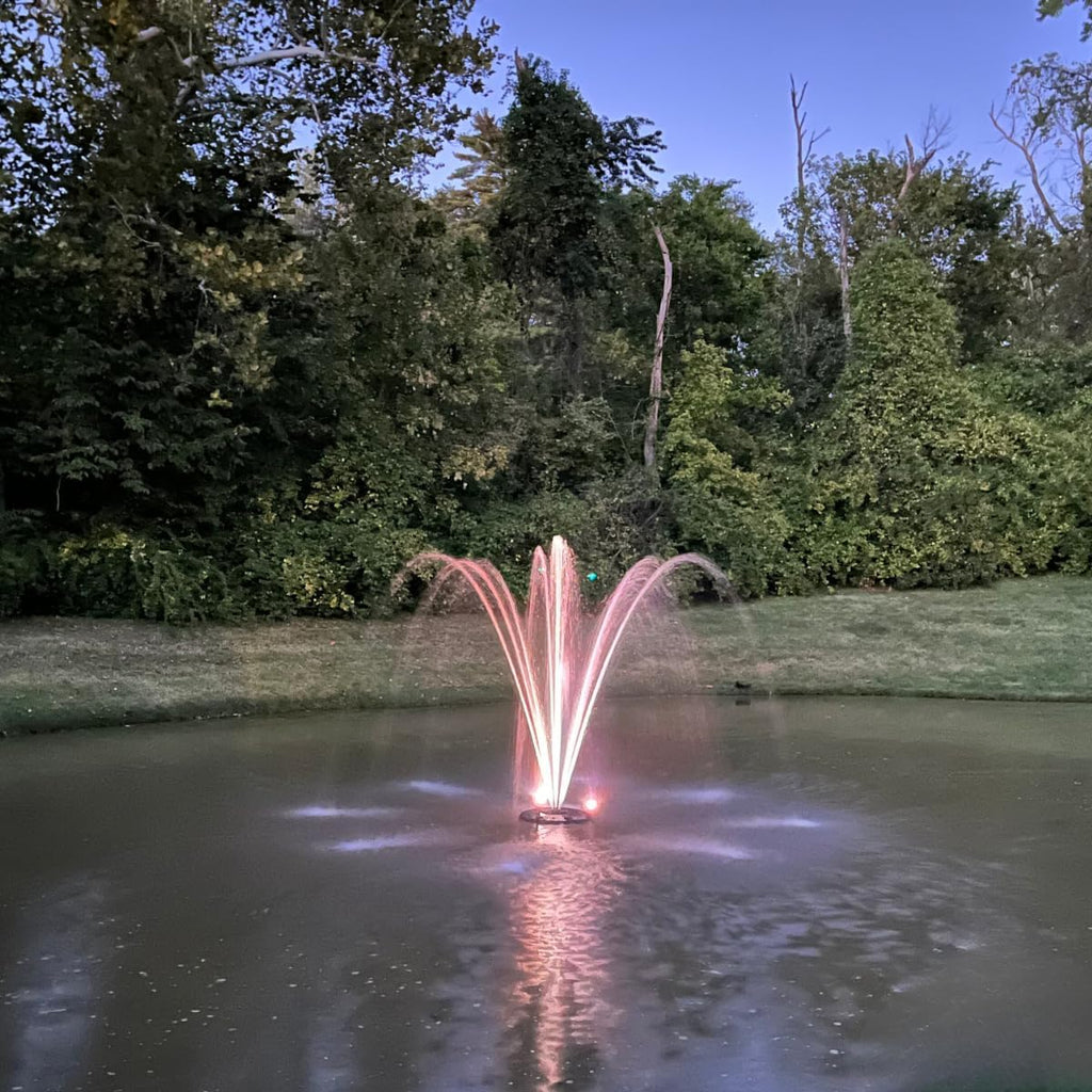 HALF OFF PONDS Floating Fountain – 3/4 HP Pond Aerator, 100' Cord – 8,000 GPH Water Pump – 11 Spray Patterns - White LED Lights - for Ponds, Lakes & Water Gardens