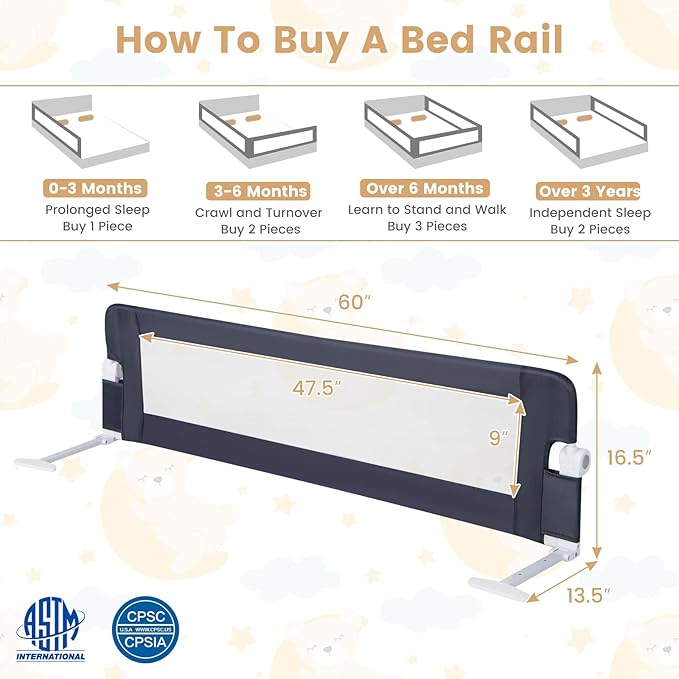 HONEY JOY Bed Rail for Toddlers, 60-Inch Extra Long, Foldable Portable Swing Down Safety Bed Guard Rail, Toddler Bed Rails for Crib, King Queen Full Twin Size Bed Mattress (Gray)