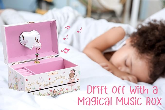 The Memory Building Company Ballerina Musical Jewelry Box, Classic Melody, Storage Organizer Kids Ages 6-12, Wood Construction w/ 2 Compartments