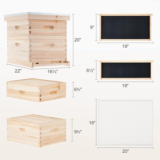 CREWORKS Bee Hive Boxes 10 Frame Langstroth Beehive, Bee Keeping Starter Kit Includes 1 Super Bee Box & 1 Bee Brood Box with Beehive Frames and Foundation, 2 Layers Complete Bee Hive Kit
