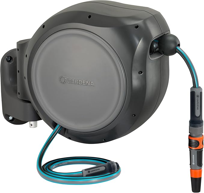 GARDENA 20505, 100' Retractable Garden Hose Reel with US Hose Threads - 100' x 1/2" hose, Automatic Retraction & Length Lock for Easy Watering. Heavy Duty Swivel Bracket 180°, Includes Nozzle.