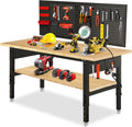 60“ Adjustable Height Workbench Work Bench for Garage Work Table with Under Table Shelf Heavy Duty Rubber Wood Top for Shop Woodworking, Office, Home, Commercial