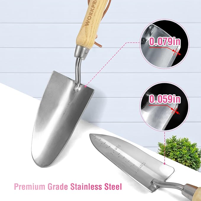 WORKPRO 8-Piece Pink Garden Tool Set, Stainless Steel Gardening Tools with Wood Handle, Including Garden Tote, Gloves, Trowel, Hand Weeder, Cultivator and More, Gardening Gifts For Women - Pink Ribbon