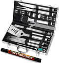 ROMANTICIST 30pcs Stainless Steel Grill Tool Set, Heavy Duty BBQ Grilling Accessories for Men Women, Non-Slip Grill Utensils Kit with Thermometer Mats in Aluminum Case for Fathers Day Silver