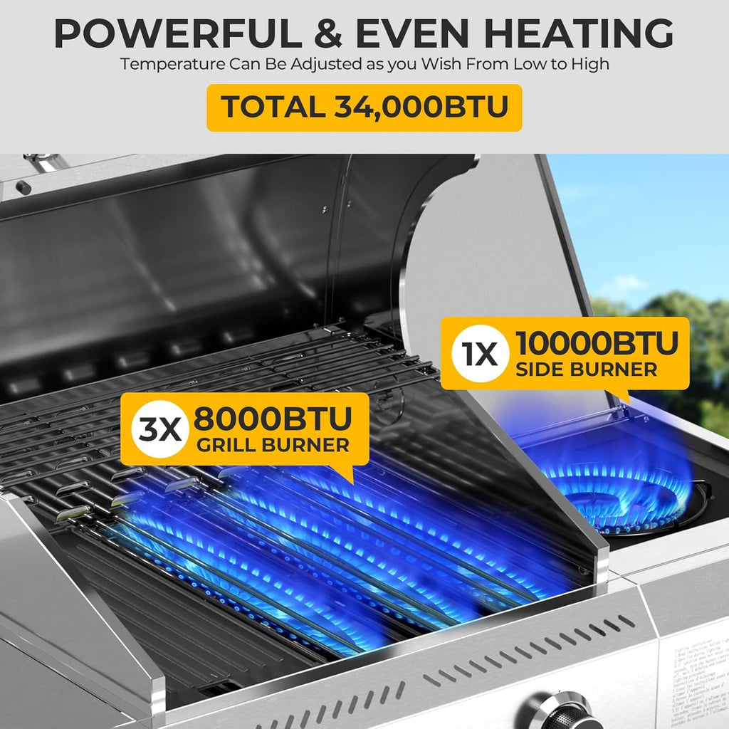 3-Burner Propane Gas Grill with Side Burner – 34,000 BTU Stainless Steel Outdoor BBQ Grill, Cast Iron Grates, Portable with Wheels for Patio, Camping