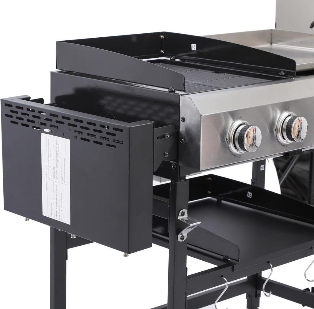 4-Burner Propane Gas BBQ Grill with SS Plancha, 38,200 BTU Output, Wire Enamel Cooking Grids, Foldable Side Table and Hanging Basket, Heavy-Duty Stainless Steel Grill