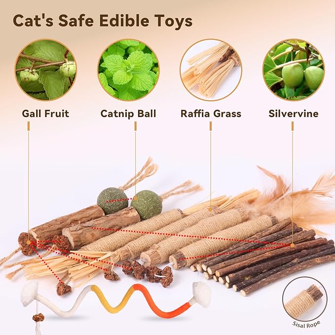 Cat Toys Cat Chew Toys, Silvervine Sticks Catnip Rope Toys for Cats Teeth Cleaning, Kitten Dental Care, Kitty for Indoor Cats Increase Appetite,Enhances Oral & Dental Health (21 Pack)