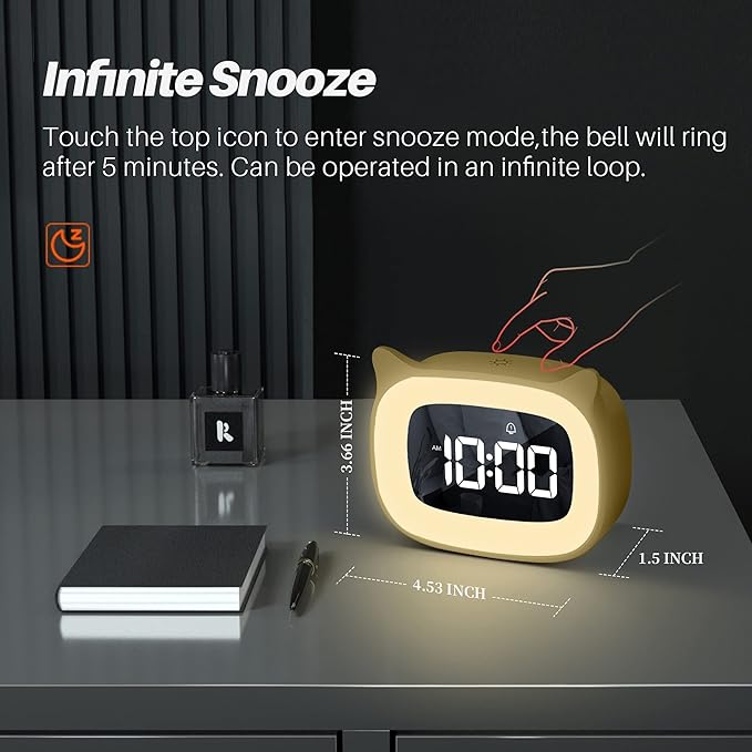 Kids Alarm Clock with Night Light & 18 Ringtones,Rechargeable,Cute Cat Ear Clock for Boys Girls Birthday Presents,Digital Clock for Children's Bedroom(Yellow)