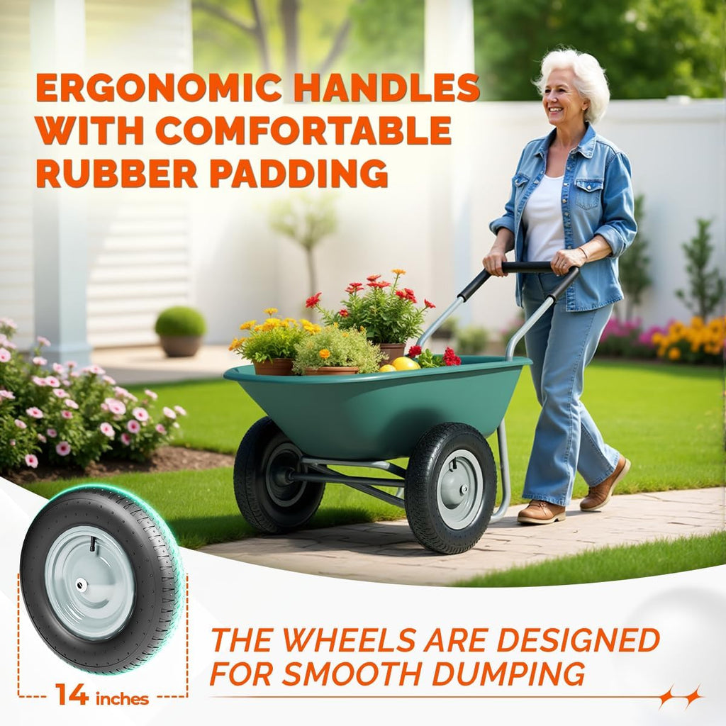 Upgrade 2 Wheel Wheelbarrow, Yard Cart with Padded Handlebar, 14 Inch Pneumatic Tires for High Stability, Ideal for Moving Soil, Plant Shrub, Gardening Tool, Easy Assembly