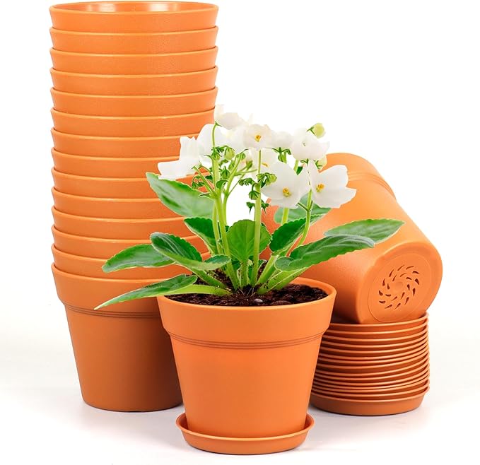 4 inch Small Plastic Nursery Pots, 16 Pack Plant Pots for Indoor Outdoor Plants, Flower Pots with Drainage Holes and Saucers, Decorative Seedling Starter Planters for House Plants, Terracotta