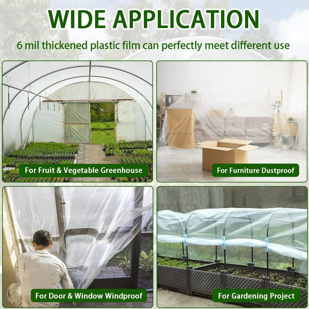 6 mil Greenhouse Plastic Film Sheeting Cover 10 x 26 Ft UV Resistant Clear Polyethylene Film Green House Hoop Farm Plastic Cover for Gardening, Farming, Agriculture