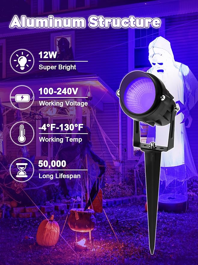 Outdoor Black Light Halloween Spotlight, 12W Purple Spotlights LED Blacklight, Waterproof Spot Landscape Lights with US Plug for Glow Party, Poster, Bar, Yard, Garden Gyms Decor (2Pack)