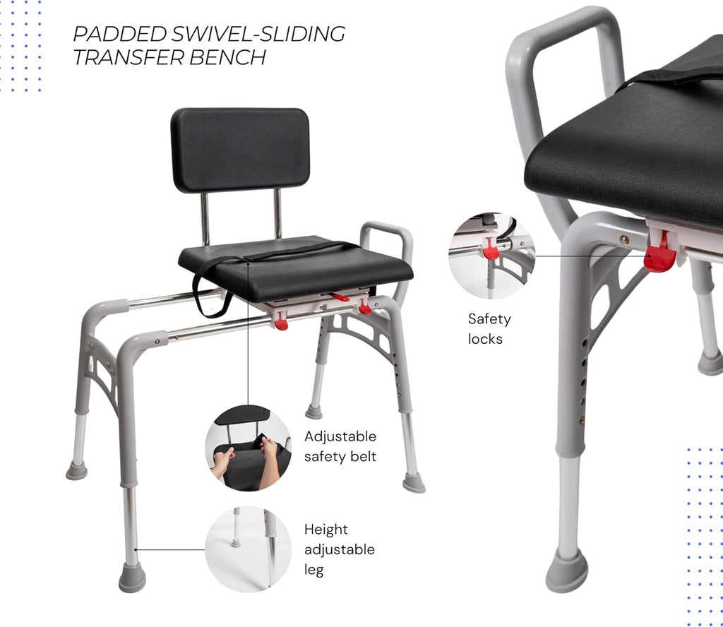 Padded Swivel Sliding Shower Chair & Transfer Bench, Height Adjustable, Heavy-Duty Capacity, for Safety Shower, for Elderly & Disabled