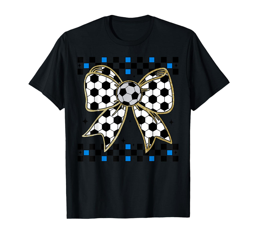 Soccer Bow Checkered Ribbon Gift Sports T-Shirt - Trendy Graphic Unisex