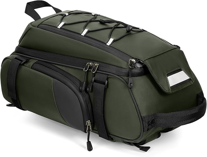 RAINSMORE Bike Bags for Bicycle Rear Rack 15L Waterproof Bike Ebike Trunk Pannier Saddle Bag with Rain Cover Bike Accessories Backpack Shoulder Bag for Commuter Travel Outdoor, Green