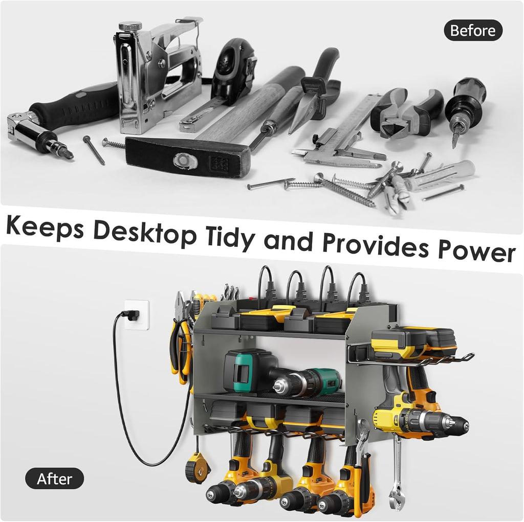 CCCEI Modular Power Tool Organizer Wall Mount Charging Station, Grey 6 Drills Holder with 8 Plug Power Strip 10FT, Garage Drill Battery Heavy Duty Metal Shelf, Utility Rack with Hooks, Side Storage.