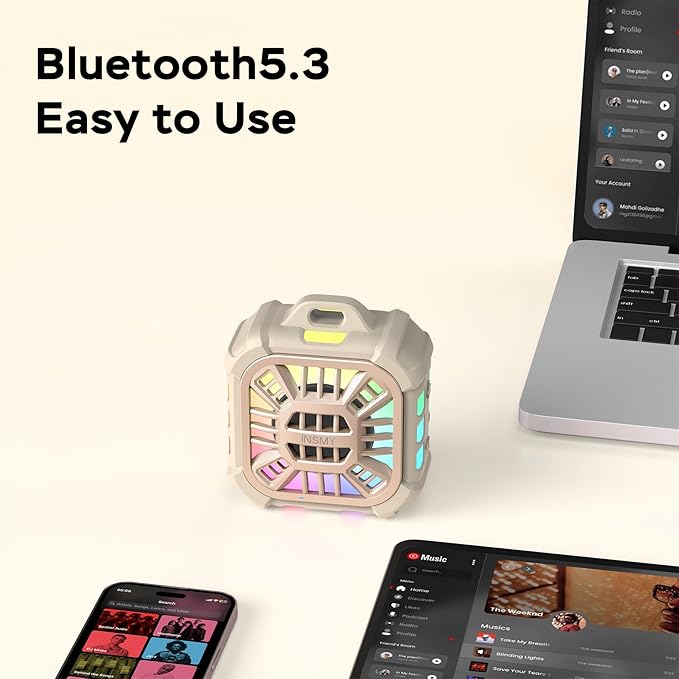 INSMY Shower Bluetooth Speaker, IP67 Waterproof Portable Small Multi Sync 100+ Speakers, Big Volume Booming Bass, 24H Playtime/Floatable/RGB Lights for Outdoor/Kayak/Beach/Golf (Khaki)