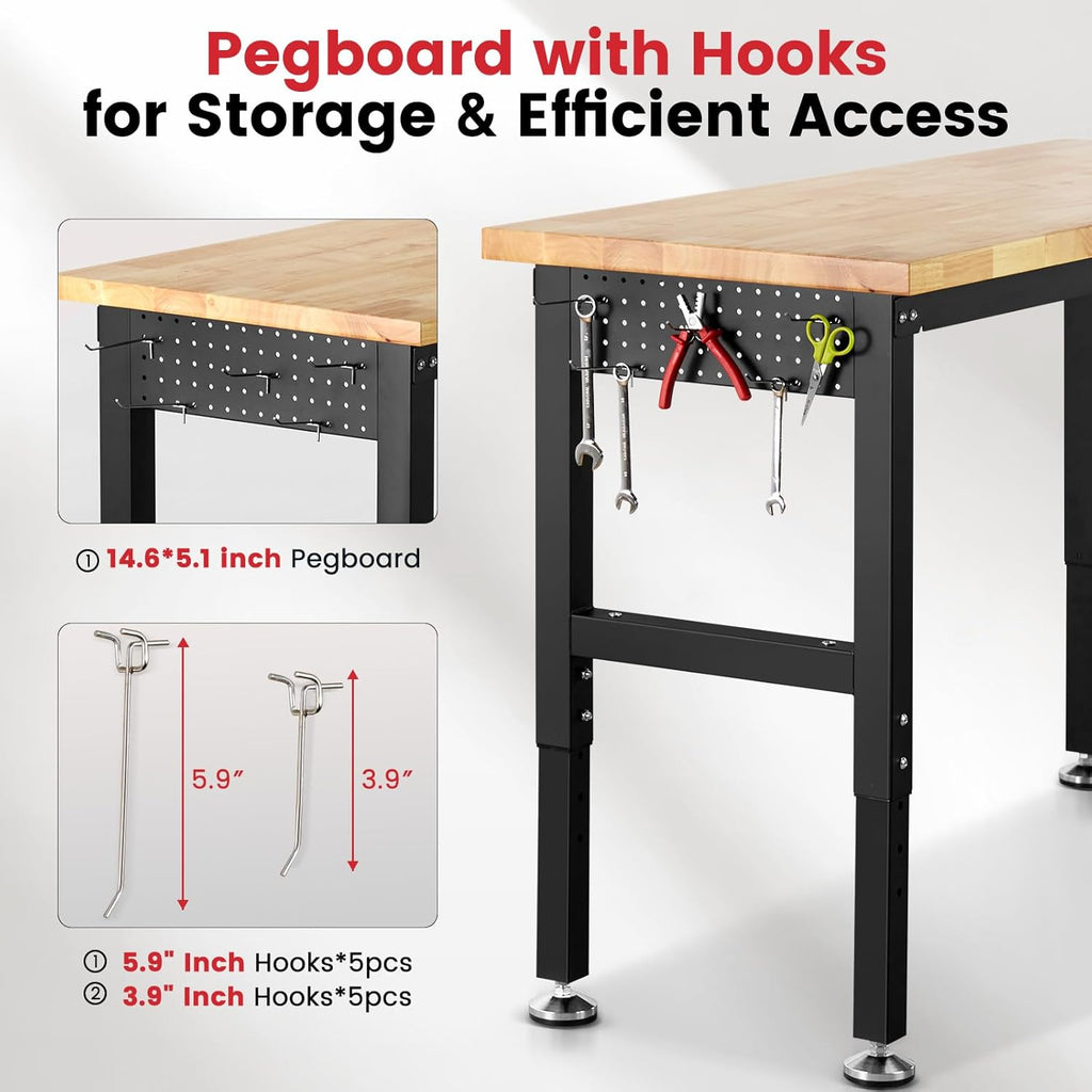 60 Inch Workbench for Garage Adjustable Height Work Bench with Pegboard Power Outlets Rubber Wood Tabletop Work Table for Cutting Wood Woodworking Shop Home Office Electronic