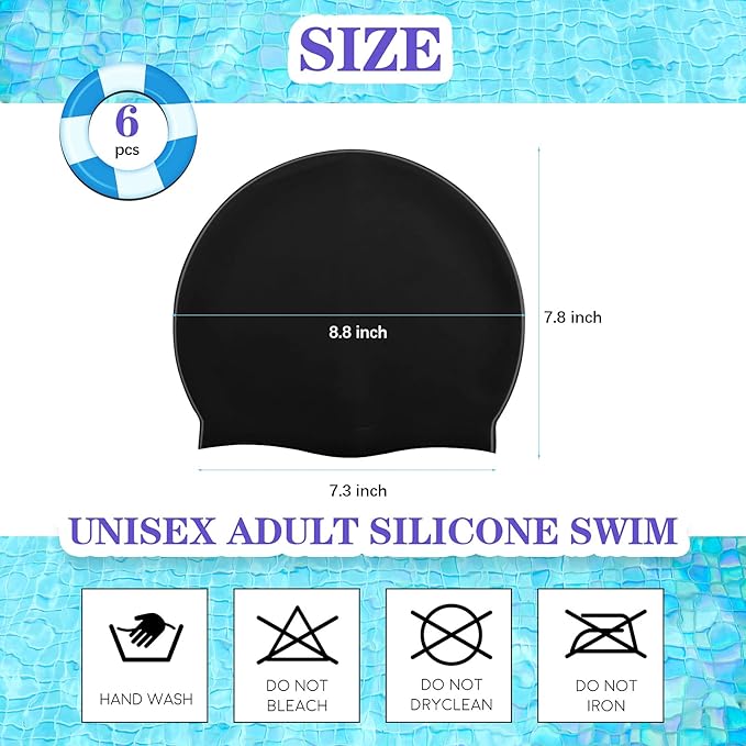Syhood 6 Pieces Unisex Adult Silicone Swim Cap Waterproof Swimming Hat Non Slip Pool Hat Elastic Silicone Cap for Long and Short Hair