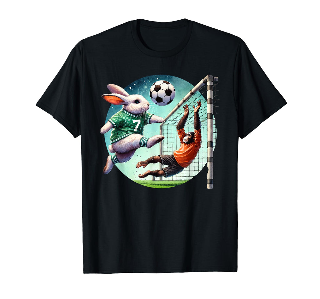 Bunny Kicks Soccer Ball Past Chimp T-Shirt - Trendy Graphic for Adults