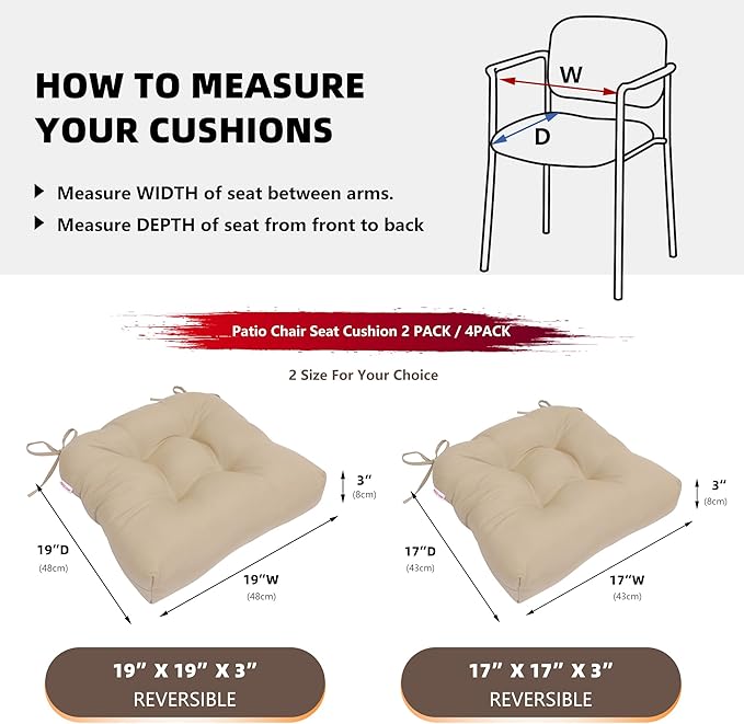 RACE LEAF Outdoor Seat Cushions Set of 2, 17" x 17" Square Patio Cushions, Plump Filling Tufted Water-Resistant Olefin Chair Seat Cushion with Ties for Non-Slip Support, Khaki