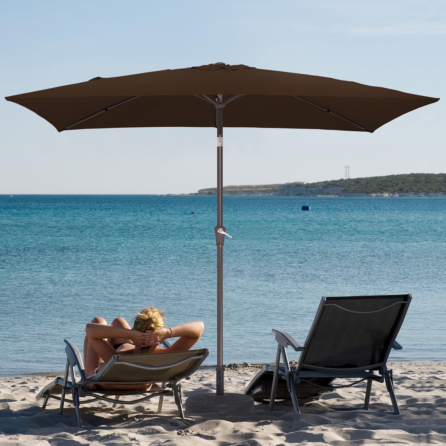 JEAREY 6.5x10 ft Rectangular Patio Umbrellas Outdoor Market Umbrella with Push Button Tilt and Crank, Rectangle Table Umbrella 6 Sturdy Ribs UV Protection for Pool Garden Backyard Deck, Brown