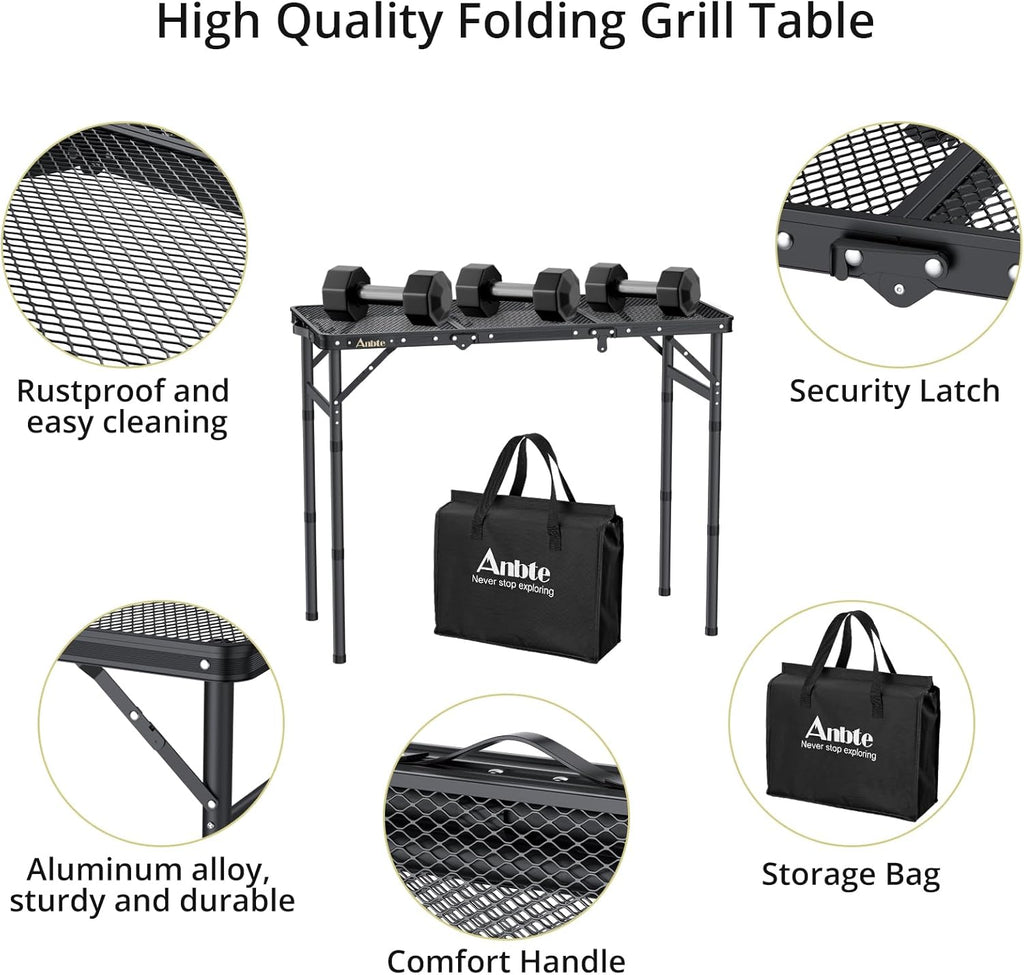 Folding Grill Table, Aluminum Camping Table Adjustable Height Max 27.5" Picnic Table Outdoor Table, Lightweight, Portable Handle for Travel Cooking BBQ Picnic, 35" x 16", Black