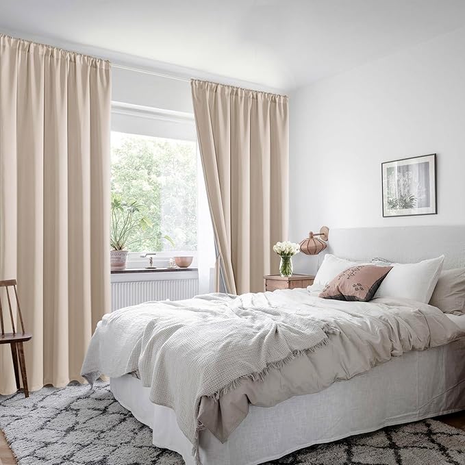 XWZO 100% Blackout Window Curtains with Tiebacks- Privacy Protection & Noise Blocking Window Draperies Rod Pocket with Black Liner for Bedroom/Living Room, Biscotti Beige, W52 x L72, Set of 2 Panels