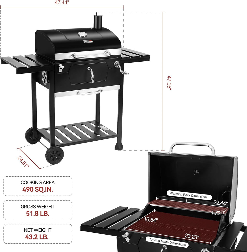 Royal Gourmet CD1824EN 24-Inch Movable Charcoal Grill with Foldable Side Tables, Outdoor Barbecue Grill with 490 Sq. In. Cooking Area for Outdoor Picnic and Camping Grilling, Black