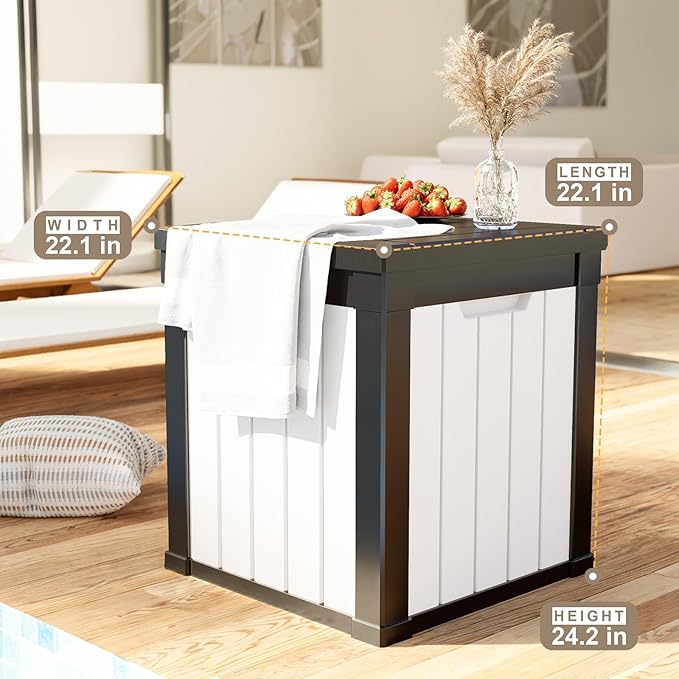 50 Gallon Resin Deck Box, Lockable Outdoor Storage Box for Patio Cushions Storage Furniture,Garden Tools, Pool Supplies, Weatherproof and UV Resistant (Black&White)