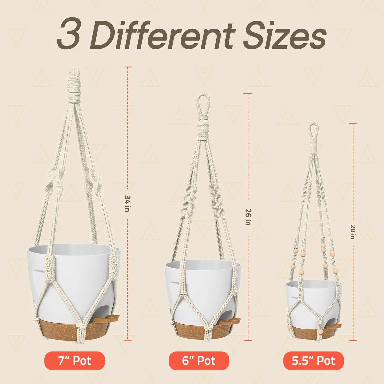 White Hanging Self Watering Pots with Macrame Ivory Rope, 3 Pack Indoor & Outdoor Hanging Plant Pots with Built-in Reservoir, Wick Rope, Drainage Holes & Hooks, Stylish Boho Decor Hanging Planter